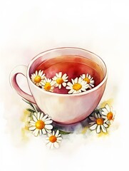 Watercolor Illustration of Chamomile Tea in a Mug with Flowers
