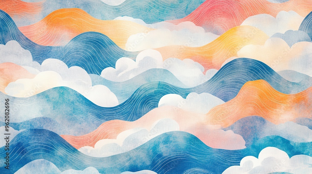 Wall mural abstract watercolor painting of interlocking blue and orange waves with white clouds