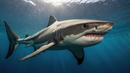 Fototapeta premium A Great White Shark Swimming Gracefully in Clear Blue Ocean Waters During a Sunny Day