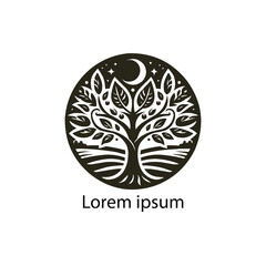 A black and white drawing of a tree with roots in the middle