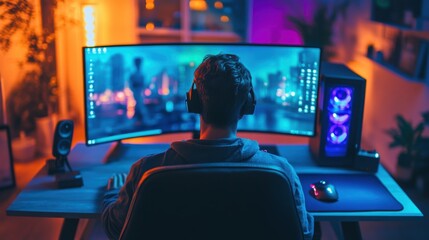 Naklejka premium Bright, multi-colored LED lighting on a blue-themed desk with advanced tech gadgets in use