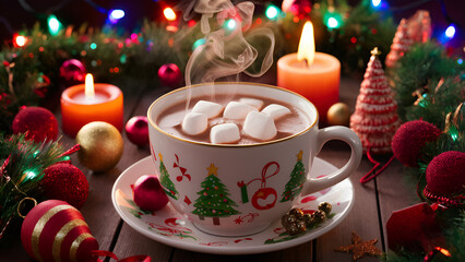 Fototapeta premium Festive mug of hot chocolate topped with marshmallows, set against the backdrop of glowing Christmas lights and ornaments