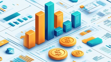 Comprehensive financial data visualization with 3D graphs and currency symbols