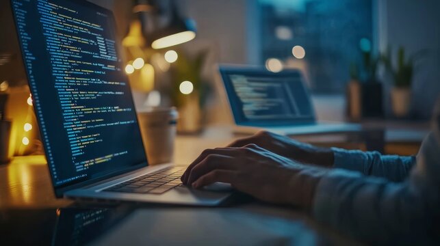 Close-up of hands typing on a laptop with code on the screen, glowing lights in the background. Captures a cozy evening coding session for developers and remote workers.