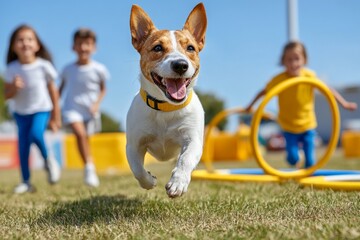Children and pet, jumping through hoops, teamwork and trust as the pet follows the child&acirc;&euro;&trade;s lead, showing off their skills with pride