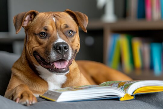 Children and pet, reading together, creating memories as the child shares their favorite stories, and the pet listens with calm attention