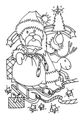 Coloring page. Santa Claus with sledge and gift bag, deer, stars, Christmas tree and gifts. Merry Christmas. Coloring book for kids. Hand drawn vector illustration
