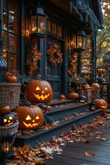 Halloween pumpkin decorations. Pumpkin for decorated house. Halloween Decorated at front yard of a American home. Halloween decorated front door with pumpkins.