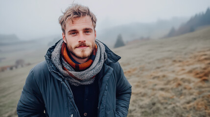 A young man stands in a misty landscape, wearing a warm jacket and scarf The soft, muted colors create a peaceful, autumn atmosphere, perfect for outdoor adventures