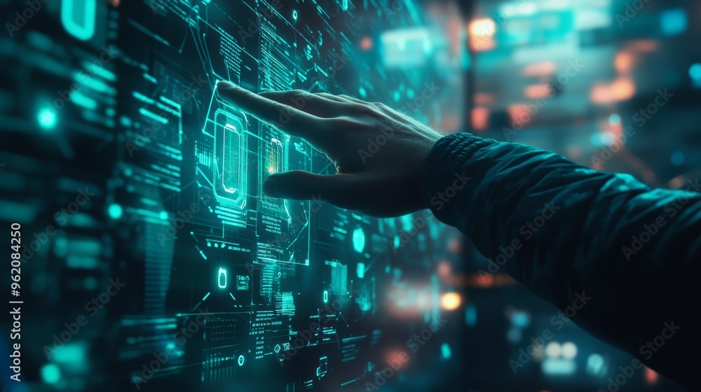 Poster Hand reaching towards digital lock icon on a glowing screen, symbolizing cybersecurity and data protection.