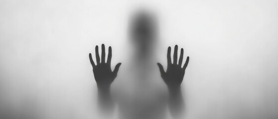 The blurry silhouette of the person's hands and face behind foggy glass, creating an eerie atmosphere. The background is blurred to emphasize their presence.