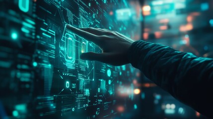 Hand reaching towards digital lock icon on a glowing screen, symbolizing cybersecurity and data protection.
