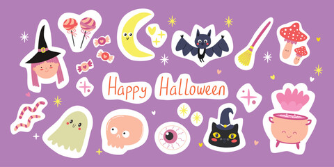 Hello Halloween stikers, cute Halloween elements set. Pumpkins, scary black cat, skull, witch, ghost. Vector illustration in flat style