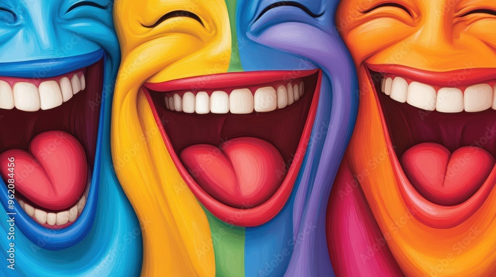 Sticker Three colorful faces with their mouths open and tongues sticking out, AI