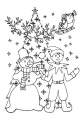 Coloring page. Santa Claus travels sleigh and deer with a gift sack. Snowman and dwarf near Christmas tree. Coloring book for kids. Hand drawn vector illustration