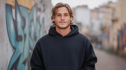 A relaxed young man in a black hoodie stands confidently in an urban alley adorned with vibrant...