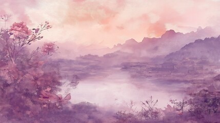 A painting of a serene landscape with a body of water and cherry blossoms