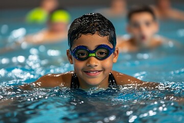 Children in the pool, practicing strokes, growing stronger improve their swimming technique, gliding through the water with ease