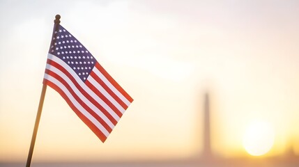 Tribute to Resilience - Twin Towers Silhouetted at Sunrise with Gentle American Flag Commemorating 911 and Evoking a Solemn Reflection of Hope and Unity
