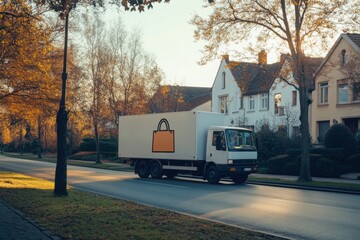 White delivery truck driving through quiet suburban street