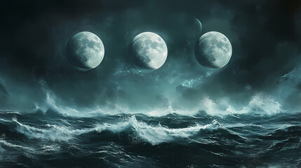 Fototapeta premium Three moons overlooking stormy sea. Stormy Sea. Illustration