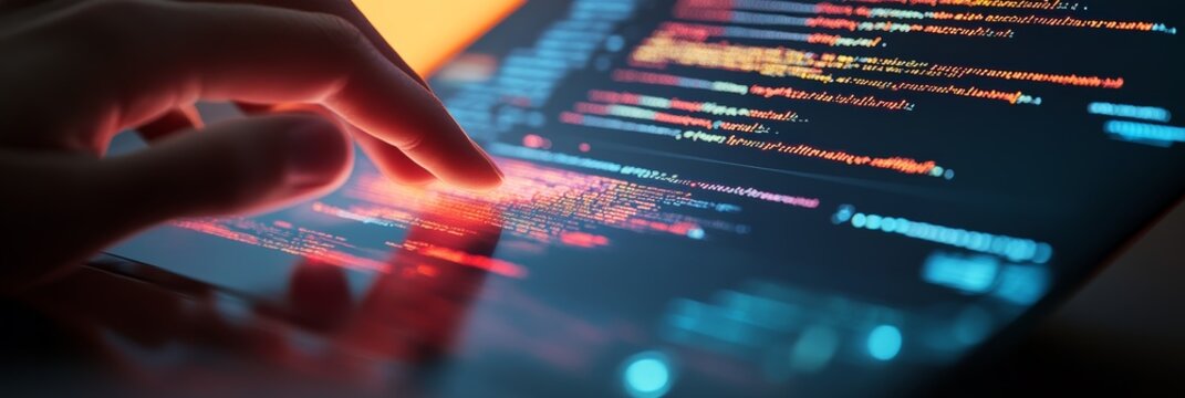 Finger scrolling through code on a tablet screen during software development. Digital coding and tech concept.
