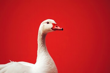 Elegant white goose on vivid red background