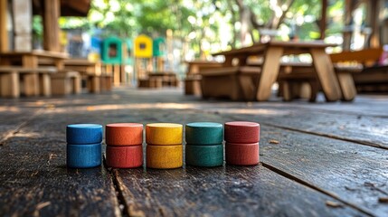 Colorful Wooden Blocks on Wooden Deck with Blurred Playground in Background