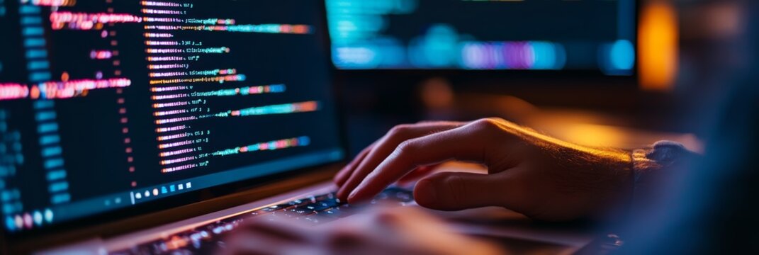 Hands working on a laptop with multiple lines of code on the screen, emphasizing software development and innovation.