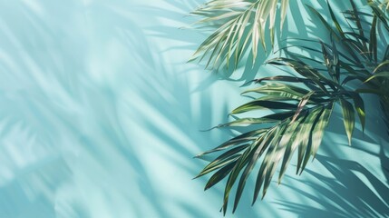 Blurred palm leaf shadows on a light blue wall: Abstract background for product displays.