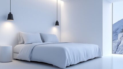 Modern bedroom interior featuring a spacious, inviting bed with elegant lighting and minimalistic design elements.