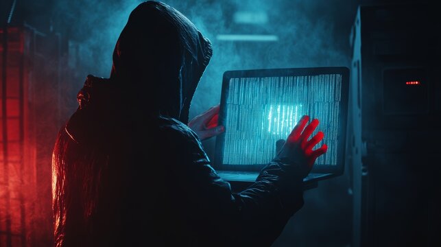Hacker in a dark server room with glowing laptop screen. Represents cybersecurity and hacking.