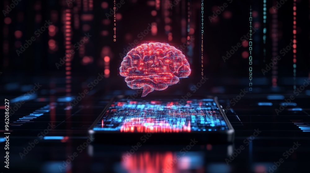 Poster Red digital brain hologram floating above a smartphone screen with data flowing upwards. Advanced AI in smart technology.