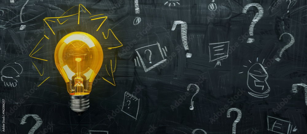 Aufkleber light bulb and doodle question marks, depicting the concept of idea creation or innovation in busine