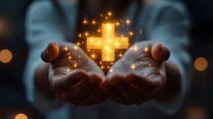 A person is holding a glowing cross in their hands