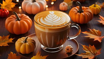 A detailed, cozy image of a creamy pumpkin spice latte topped with whipped cream and cinnamon sticks, placed on a wooden table surrounded by small decorative pumpkins, giving off a warm autumn atmosph
