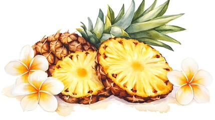 Watercolor Pineapple with Tropical Flowers