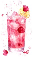 Watercolor Painting of a Glass of Pink Lemonade with Lemon and Rose Petals
