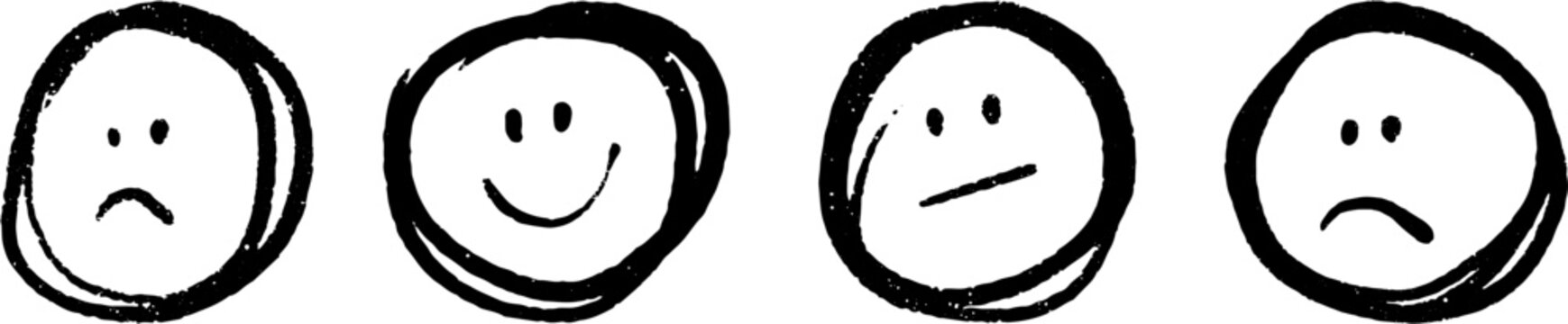 Hand-drawn emoticons set expressing different emotions - sad, happy, neutral, and sad with variations, perfect for mood illustrations, feedback icons, and user experience design