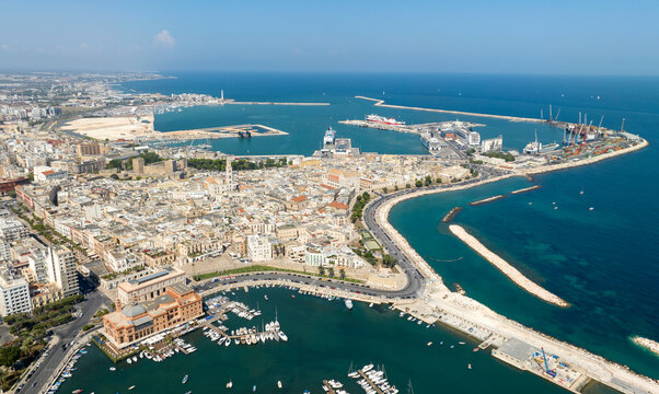 Aerial view of the historic center and the waterfront of Bari, Puglia, Italy. In the historic center, called Old Bari, there are Basilica of St. Nicholas and St. Sabinus, Margherita theater, a castle.
