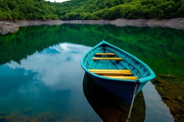 Fototapeta premium Fishing boat, anchored in the lake, steady and sure creates a stable platform for casting lines into the deep water below