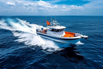 Naklejka premium Fishing boat, open sea, adventure on the waves promises an exciting day of deep-sea fishing with endless possibilities