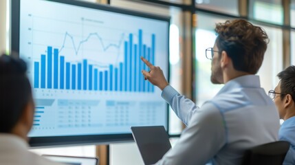 business man executive manager holding presentation of growth concept idea in front of shareholders in meeting office of a company. showing finger on white board.