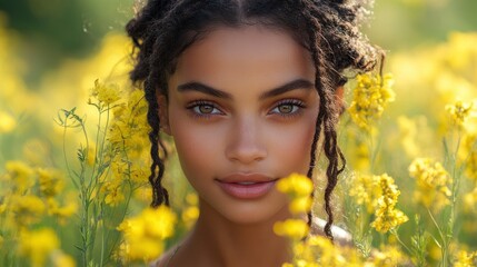 Naklejka premium Beautiful Young Woman with Dreadlocks in a Field of Yellow Flowers