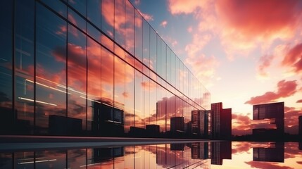 Obraz premium Modern office building or business center. High-rise window buildings made of glass reflect the clouds and the sunlight. empty street outside wall modernity civilization. growing up business
