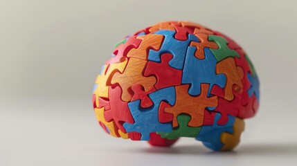 Colorful puzzle pieces form the shape of a brain on a white surface.