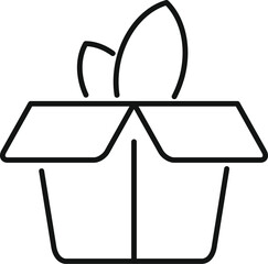 Simple vector icon of an open cardboard box with leaves growing from it, representing eco friendly packaging