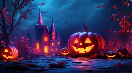 Spooky Halloween night with haunted castle and jack-o-lanterns