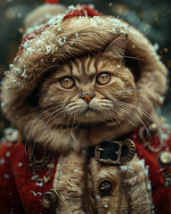 Happy New Year. Merry Christmas. Xmas Greeting card. Christmas cat in a glasses. Cat with detailed fur and festive attire, including a scarf and jacket.