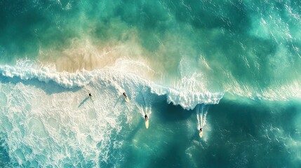 Fototapeta premium Aerial View of Ocean Waves with Surfers Riding